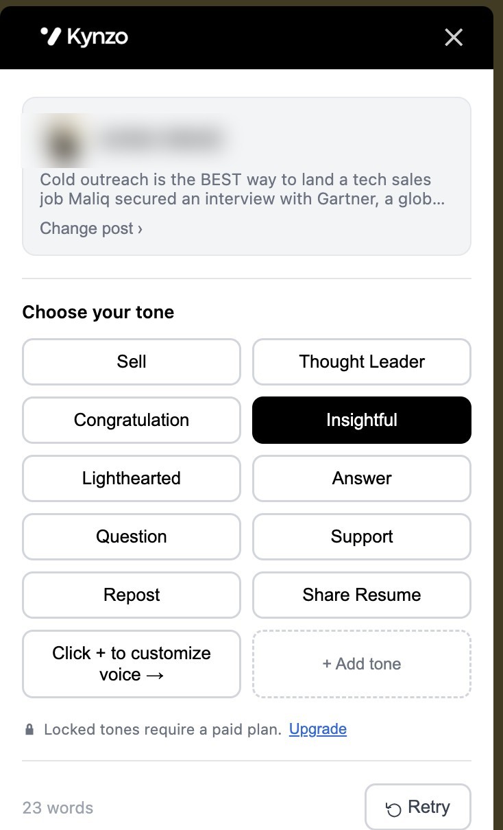 Kynzo recruiter tone selector and custom practitioner voice settings